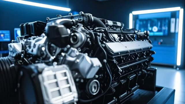 Powerful internal combustion engine block displayed in an illuminated modern automotive engineering laboratory setting, showing complex machinery.