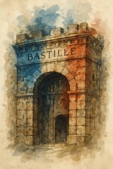 Fototapeta premium Bastille Prison Gate with French Flag Watercolor, Symbol of French Revolution and Liberty, AI Generated Illustration