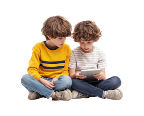 Two boys sitting and playing together on the floor holding a tablet isolated on a transparent background