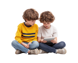 Two boys sitting and playing together on the floor holding a tablet isolated on a transparent background