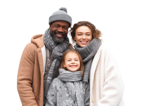 a happy family wearing winter suits isolated on a transparent background