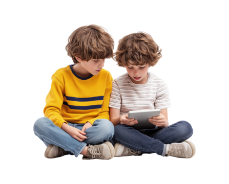 Two boys sitting and playing together on the floor holding a tablet isolated on a transparent background - Powered by Adobe