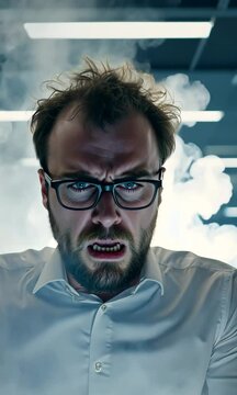 Overworked Businessman, In Front of Laptop, With Smoke Billowing and Coming Out of His Head