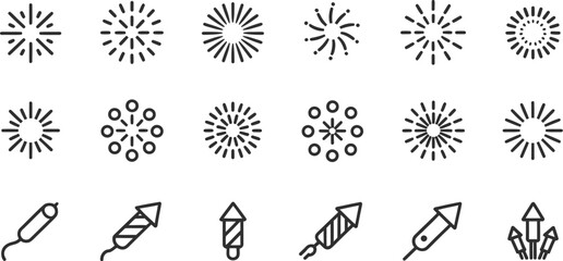 A collection of firework and rocket icons in a simple line art style