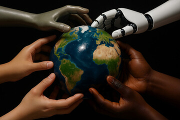 Human, Alien, and Robotic Hands Together 