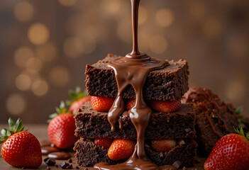 Decadent chocolate brownies stacked with fresh strawberries and drenched in warm melted chocolate, captured in a visually rich and mouth-watering scene