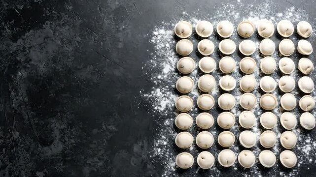 Array of small raw pelmeni dumplings arranged in rows on dark gray background with dusting of flour, overhead view
