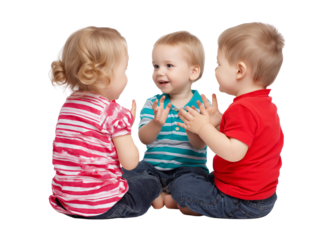 Three children sitting together, playing with their hands isolated on a transparent background