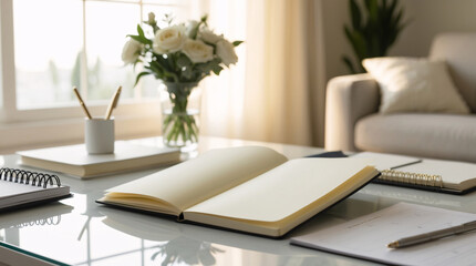 workspace with open journal and writing tools on modern white desk near daylight window in calm home office setting interior design wallpaper background