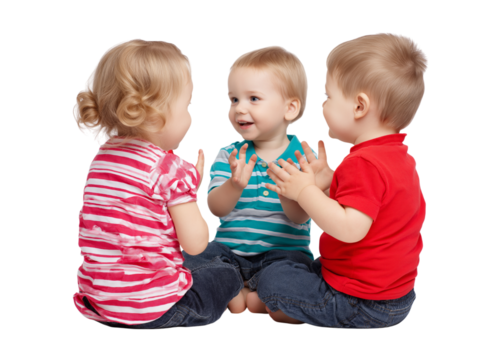 Three children sitting together, playing with their hands isolated on a transparent background - Powered by Adobe