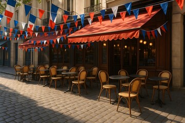 Paris Street Café Decorated for Bastille Day with French Flags and Bunting, Outdoor Seating on Cobblestone Street in Summer Afternoon Light, AI Generated
