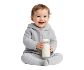 A happy baby sitting and holding a milk bottle isolated on a transparent background