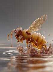 Flying bee approaching honeycomb dripping golden honey into flowing water, surreal nature scene with vibrant macro detail