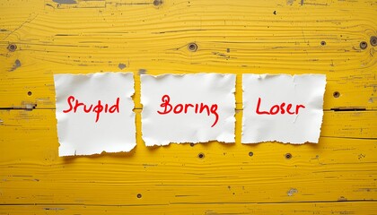 Torn paper on yellow background with text written - loser stupid boring - Low self-esteem  tended to use negative labels to describe themselves - self-sabotage by believing unfair negative labels