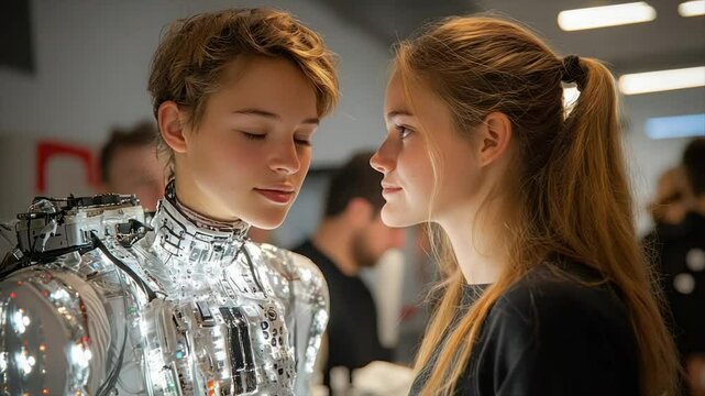 A young woman faces a lifelike robot, both gazing intently at each other