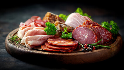 Gourmet Italian charcuterie board close-up with prosciutto, salami, cheese, olives and sun-dried tomato paste on rustic wooden plate

