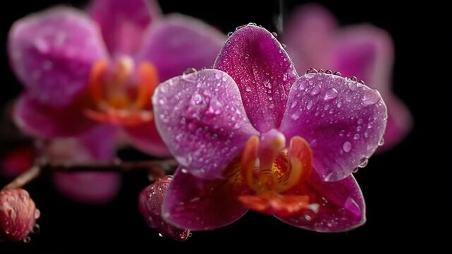 Purple Orchid Dew Drops Closeup.