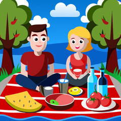 A middle-aged Caucasian couple enjoying a picnic in a sunlit park. They are sitting on a colorful blanket surrounded by food containers, fresh fruits, and a bottle of wine. The background includes tal