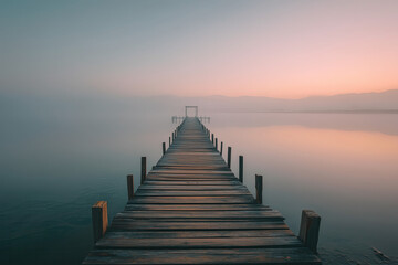 Fototapeta premium Minimal Wooden Pier Leading into Calm Foggy Ocean with Centered Vanishing Point