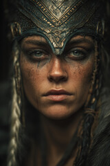 Obraz premium Close up portrait of a woman warrior with braided hair and headdress