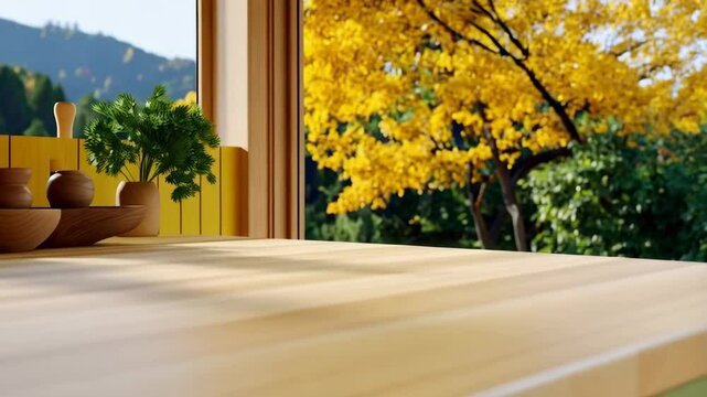 Kitchen countertop with wooden bowls, potted plant, and bright yellow autumn foliage outside window providing natural light indoors