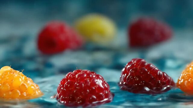 Raspberries splashing in water.