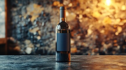 Dark wine bottle with blank label on stone - textured table against warm - toned stone wall background