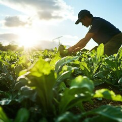 Farmer Harvesting Green Vegetables at Sunset