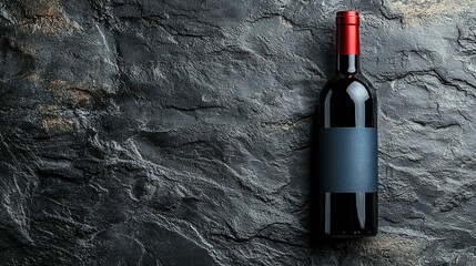 Dark wine bottle with red cap and blank label on black stone background