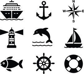 Collection of nautical themed icons including ship anchor and compass rose
