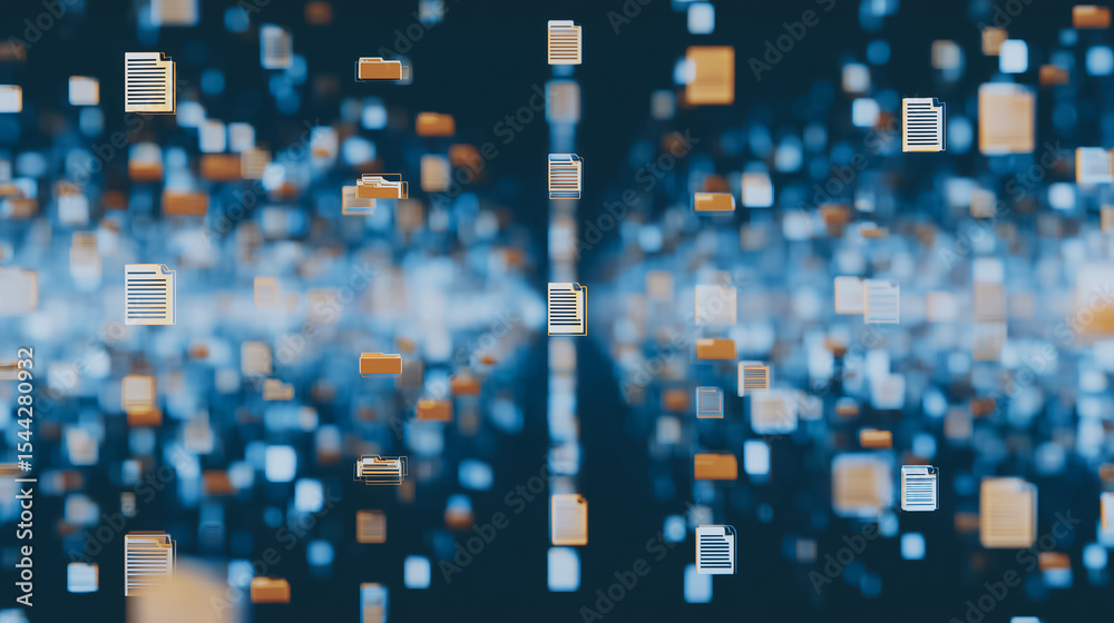 Poster digital data cascade: an abstract representation of data streaming, showcasing floating documents an