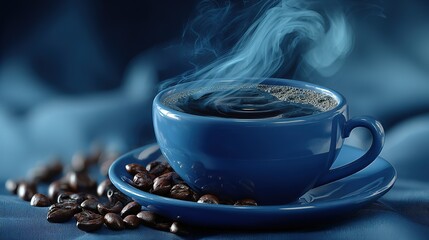 Blue coffee cup with steaming black coffee and coffee beans on blue fabric, creating a tranquil coffee drinking atmosphere
