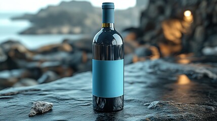 Dark wine bottle with light blue label on seaside rock against hazy sea view, creating a natural and cozy wine tasting scene