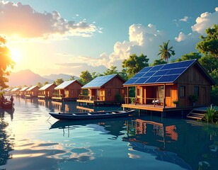 Innovative disaster-resilient floating village concept in Southeast Asia, modular homes on water, solar panels, emergency boats, cloudy sky, calm mood