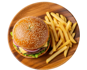 Juicy Cheeseburger with Lettuce Tomato Onion and Melted Cheese on Sesame Bun Next to Crispy French Fries on Wooden Plate