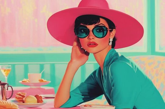 A retro illustration of a beautiful young woman wearing a large hat and sunglasses in a 1950's cafe decorated in lollipop spring colors of green, pink, blue
