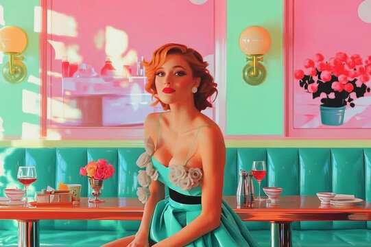 A retro illustration of a beautiful young woman in a 1950's cafe decorated in lollipop spring colors of green, pink, blue