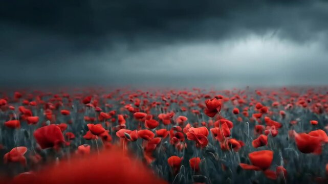 Red Poppies with Stormy Field, and Nature.