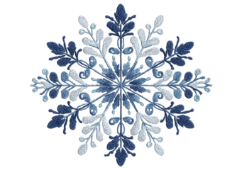 Detailed blue and white snowflake design on a black background centered view on transparent background