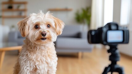 A fluffy light beige dog looks directly at a camera, set up in a living room