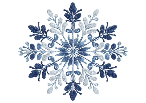 Detailed blue and white snowflake design on a black background centered view on transparent background