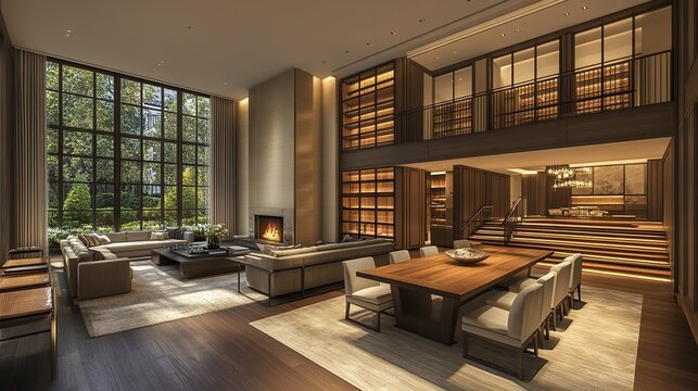 Luxury home interior, open-plan living, garden view, nighttime