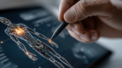 Hand Drawing Transparent AI Robot Blueprint with Focus on Hand Glowing Interaction, Showing AI Hardware Design and Tech Details