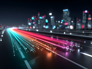 Colorful fiber optic cables speed across a city highway at night