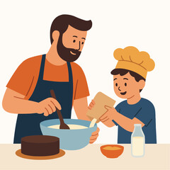 Father and son baking cake together for father's day on transparent background
