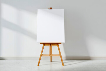 Blank white canvas on wooden easel in bright room with sunlight shadows