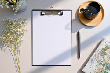 Blank clipboard mockup with flowers coffee and pen on a desk
