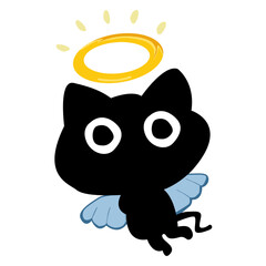 Cartoon black cat Angel with Halo and Wings