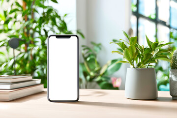 Modern smartphone mockup with blank screen on wooden table surrounded by lush greenery