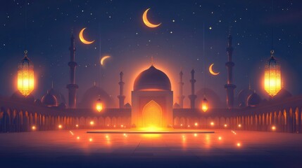 Majestic Night Scene of a Mosque Under a Starry Sky with Moons